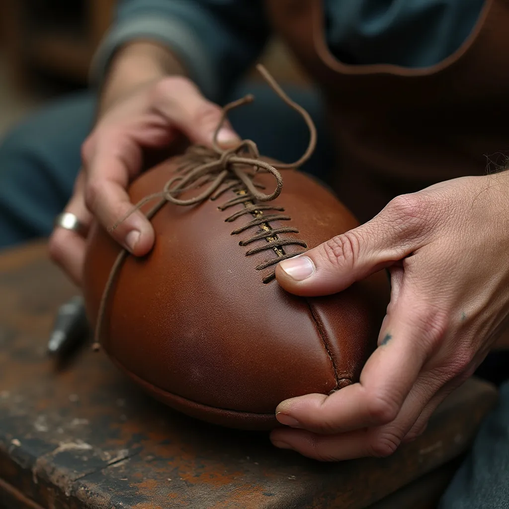 Artesano cosiendo un balón de fútbol